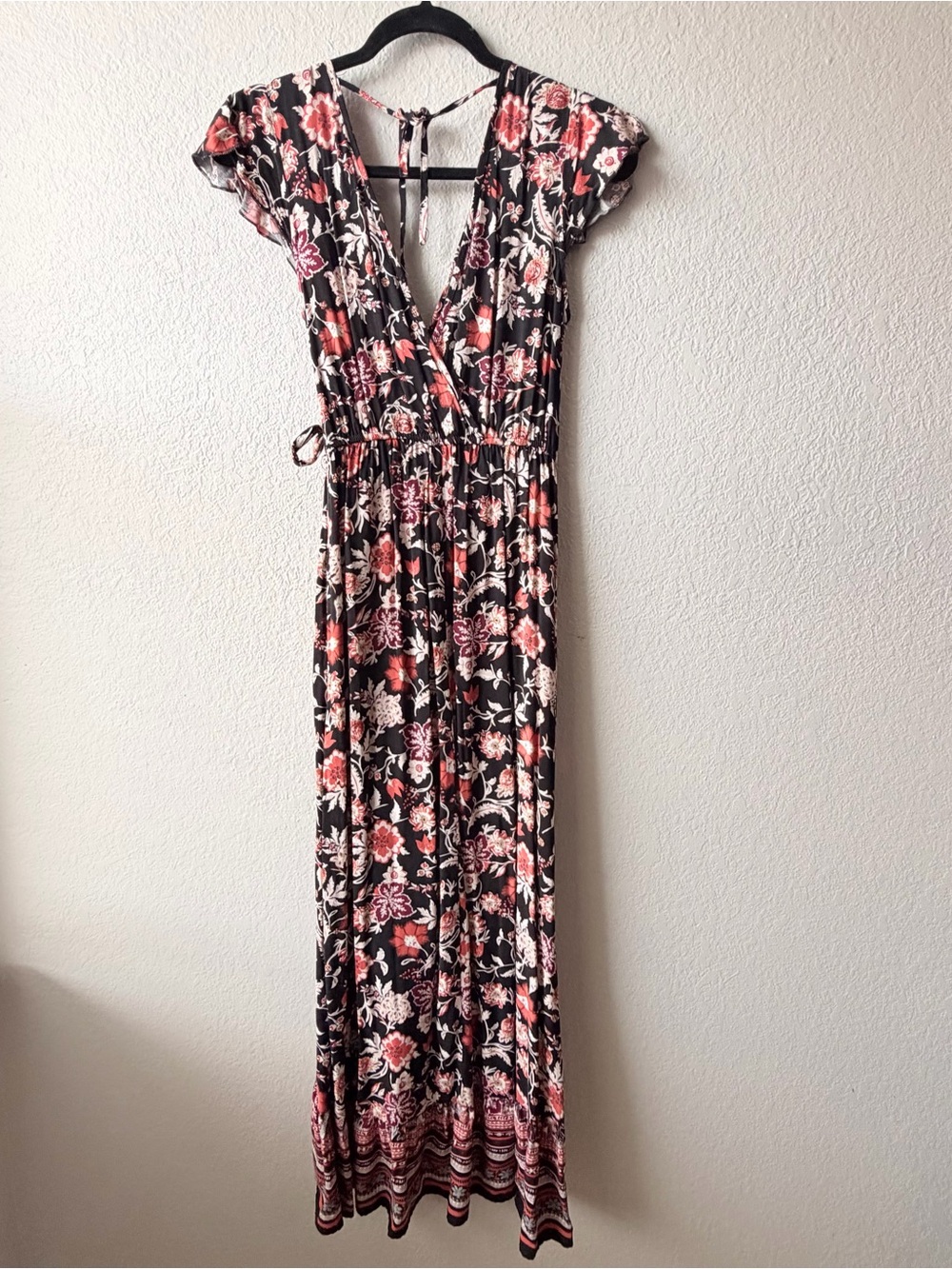 Band of Gypsies Floral faux Wrap Maxi Dress -S flowy ruffled feminine v neck